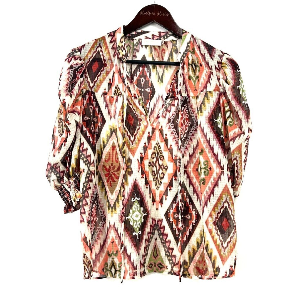 Ramy Brook Women Adalynn Top Puff Sleeve Tie Neck Luxe Diamond Blouse Sz S 1185H